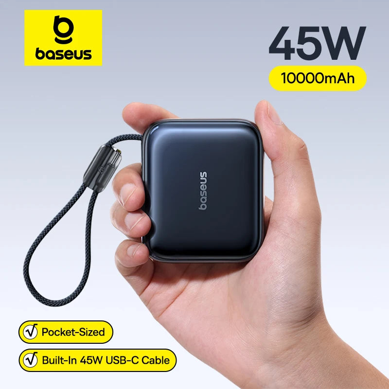 Baseus 45W Mini Power Bank 10000mAh Built-In USB-C Cable Pocket-Sized Smaller Fast Charging Portable For iPhone 17 Samsung S…