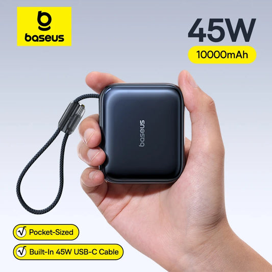Baseus 45W Mini Power Bank 10000mAh Built-In USB-C Cable Pocket-Sized Smaller Fast Charging Portable For iPhone 17 Samsung S…