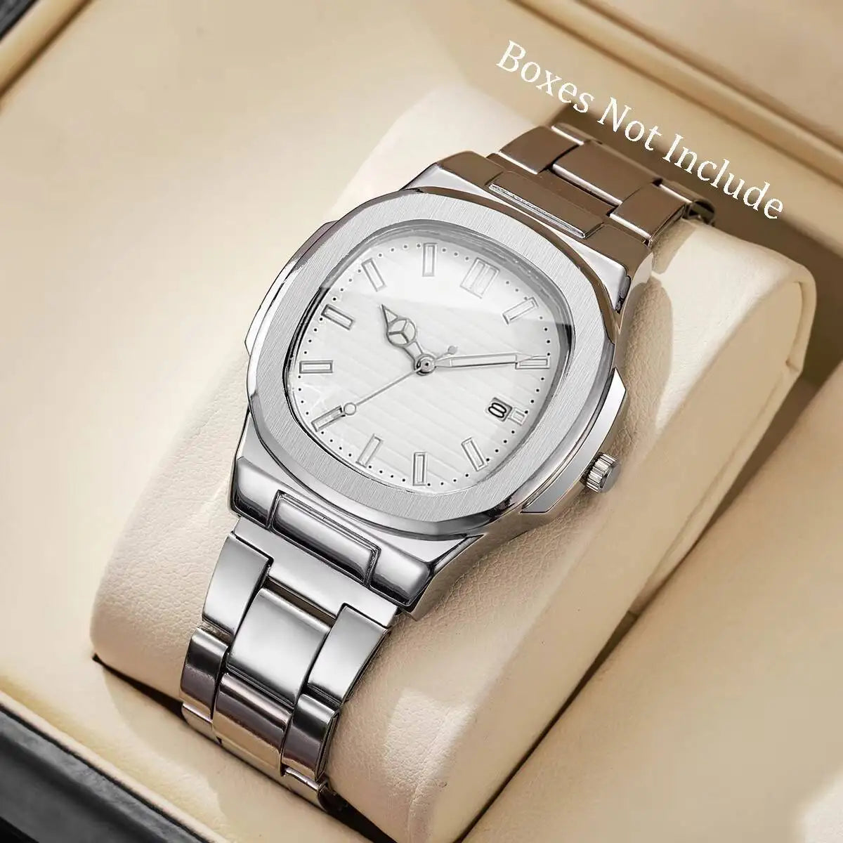 Luxury Men Business Watches Fashion Square Dial Stainless Steel Strap Quartz Watch with Calendar For Mens Clock（Without Box）…