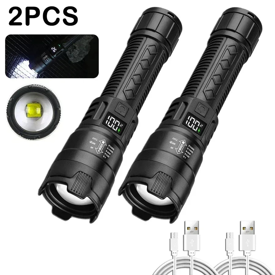 High Strong Power Led Flashlights 300000LM Tactical Torch with Display Light USB Charging Camping Fishing Defensa Zoom Lante…