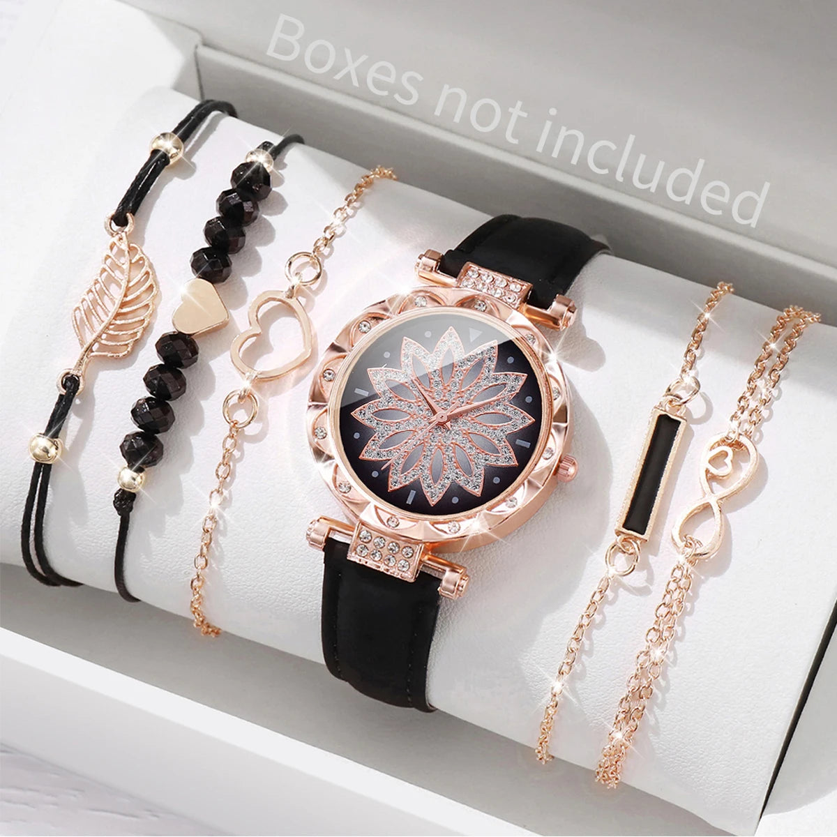 6PCS/Set Fashion Heart Dial Women's Watch Casual Leather Band Analog Quartz Watch Leaf Bracelets Set（Without Box） - image 7
