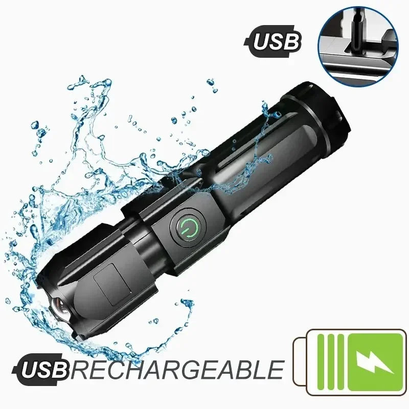 Powerful LED Flashlight Rechargeable USB Built-in Lithium Battery Waterproof Zoom Fishing Hunting Camping Tactical Flashlight
