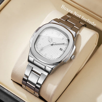 Luxury Men Business Watches Fashion Square Dial Stainless Steel Strap Quartz Watch with Calendar For Mens Clock（Without Box）…