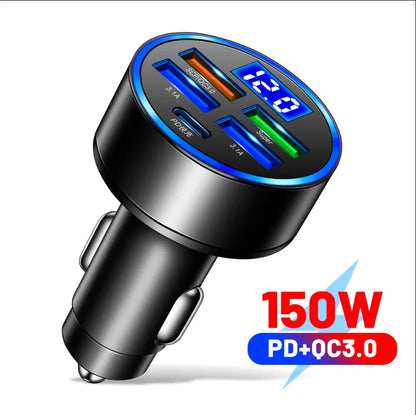 250W PD Car Charger QC3.0 Fast Charge two to Six Port Car Cigarette Lighter Plug Car Charger Flash Charge with Digital Displ…