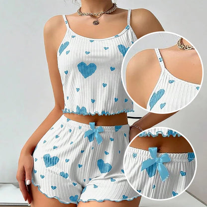 Women's Pajamas Set Sleepwear 2 PCS Short Tank Tops And Shorts S M L White Ventilate Soft Casual Love Printing - image 6