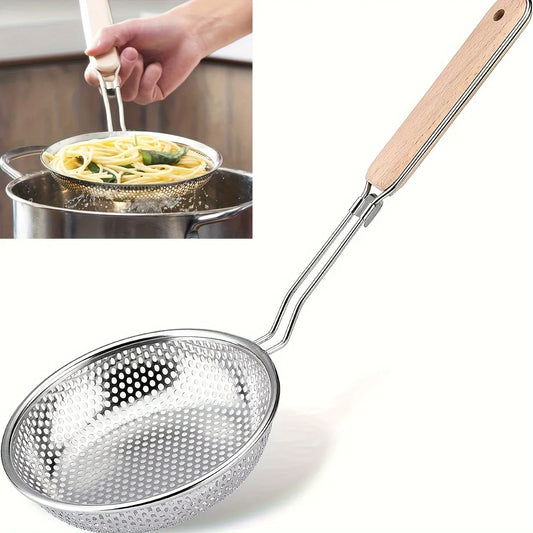 Stainless Steel Colander with Wooden Handle - Fine Mesh Skimmer Spoon for Cooking, Food Prep Grease Filtering for Pasta Nood…