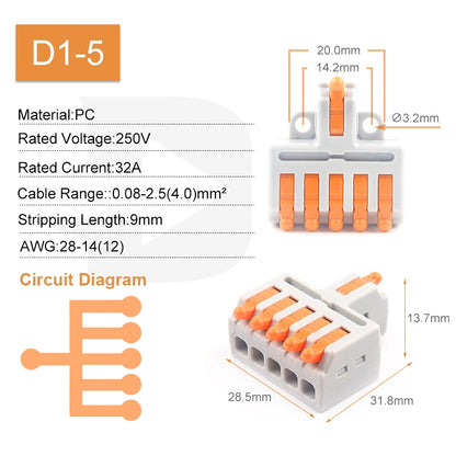 5PCS Fast Wire Connector Push-in Electrical Terminal Block Universal Splicing Wiring Cable Connectors For Cable Connection S…