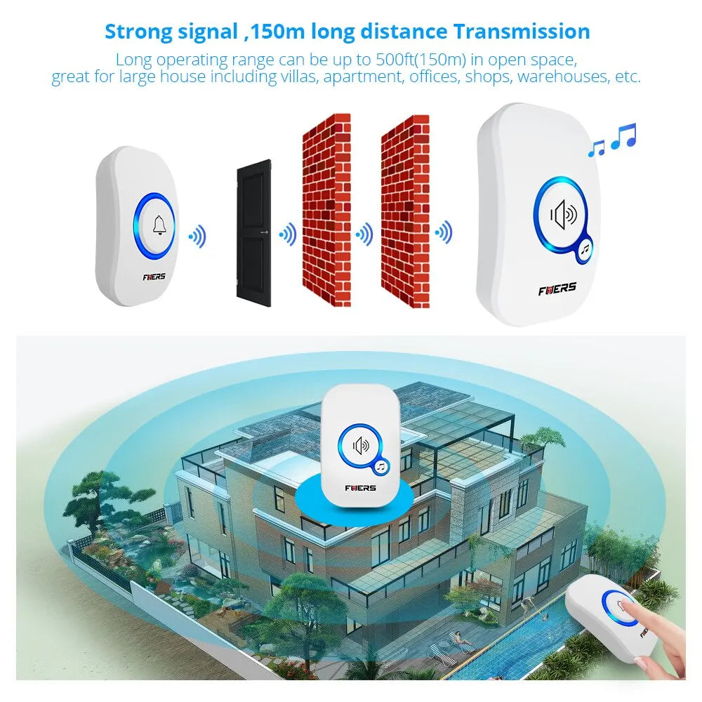 Fuers Wireless Doorbell Waterproof Welcome Chime Home Door Bell Intelligent 32 Songs Smart Alarm With Battery For Store Hote…