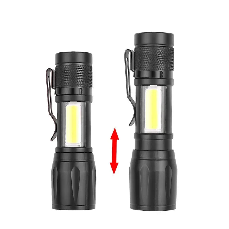 Mini LED Flashlight COB+XPE Portable Torch USB Charging Camping Lantern Zoomable Focus Light Tactical Flashlight with Pen Cl…