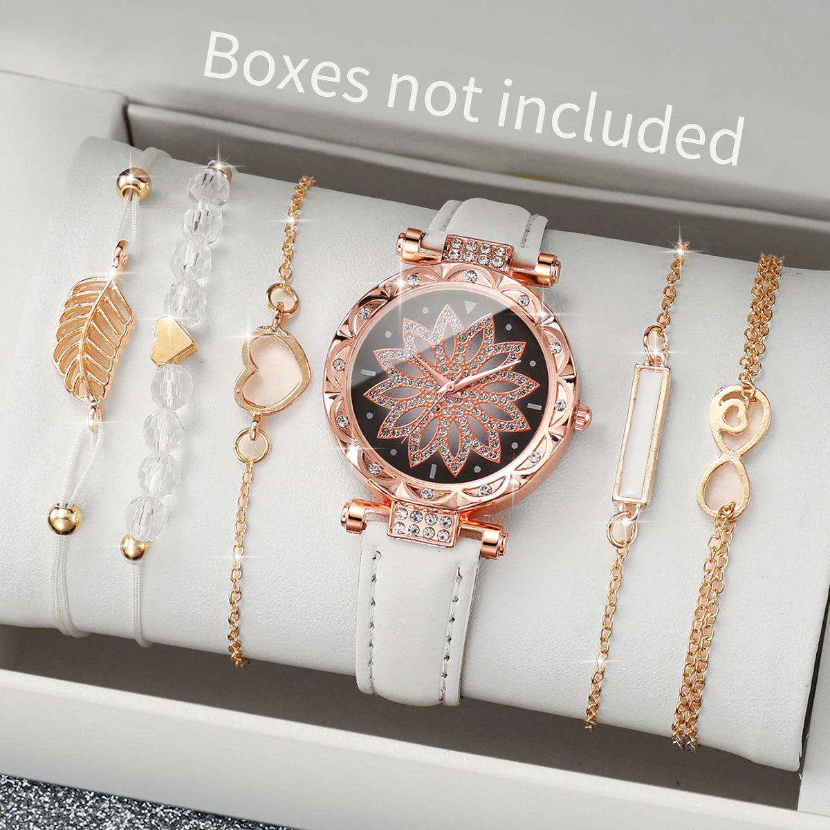 6PCS/Set Fashion Heart Dial Women's Watch Casual Leather Band Analog Quartz Watch Leaf Bracelets Set（Without Box） - image 5