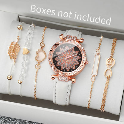 6PCS/Set Fashion Heart Dial Women's Watch Casual Leather Band Analog Quartz Watch Leaf Bracelets Set（Without Box） - image 5