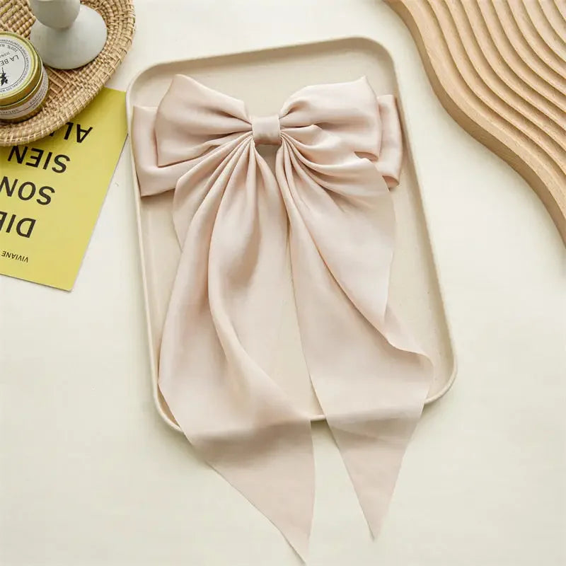 Korean Accessories Hair Clips for Women Girls Big Bowknot Solid Satin Long Ribbon Bows Spring Clamp Barette Cheveux Femme 20…