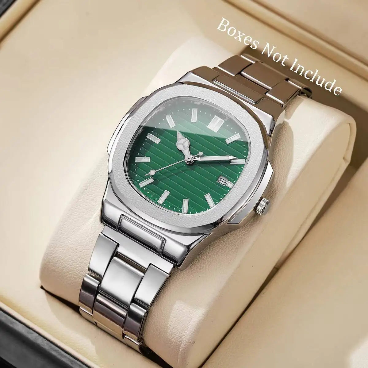 Luxury Men Business Watches Fashion Square Dial Stainless Steel Strap Quartz Watch with Calendar For Mens Clock（Without Box）…
