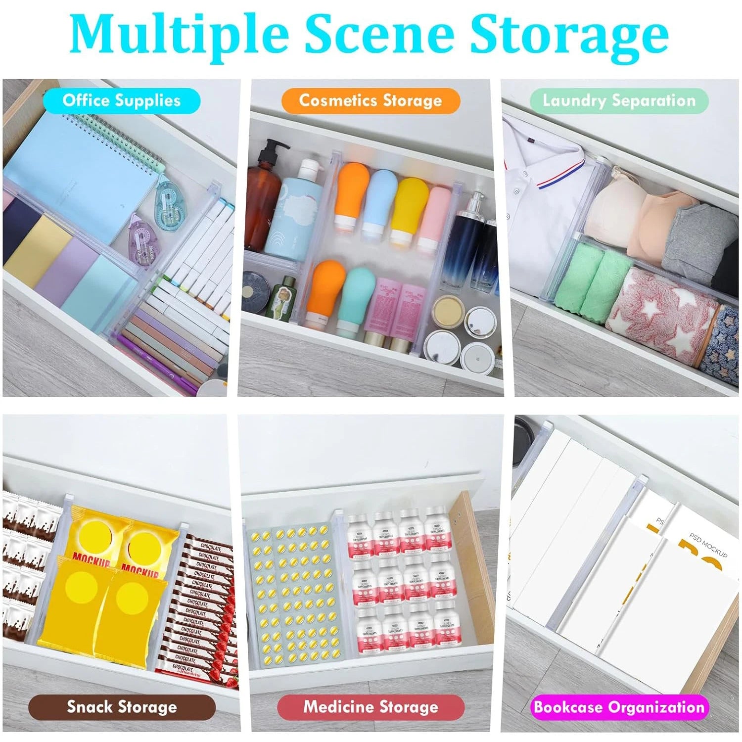 6/8/10/12-Pack Adjustable Drawer Organizers, Clear Expandable Dresser Organizers for Storing Clothes Kitchen Utensils - imag…