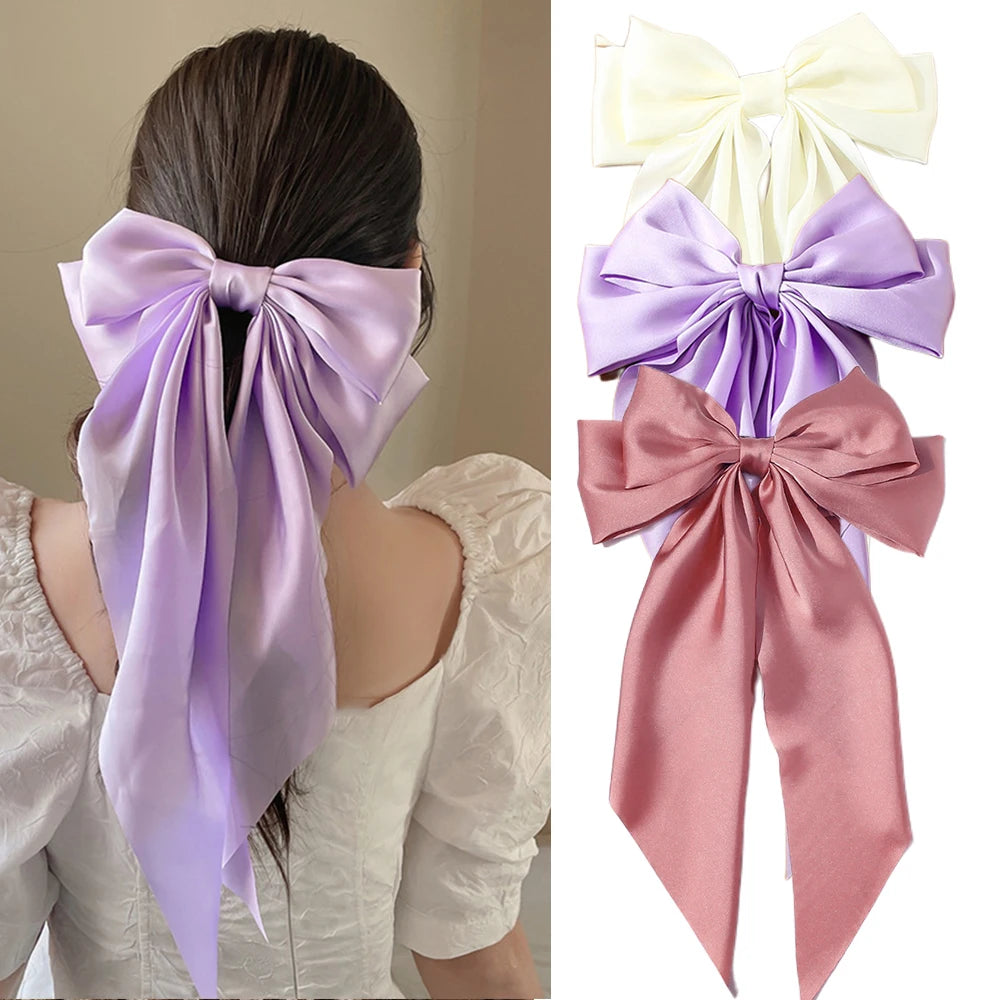 Korean Accessories Hair Clips for Women Girls Big Bowknot Solid Satin Long Ribbon Bows Spring Clamp Barette Cheveux Femme 20…