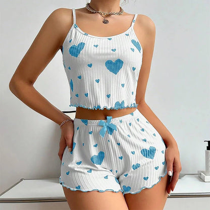 Women's Pajamas Set Sleepwear 2 PCS Short Tank Tops And Shorts S M L White Ventilate Soft Casual Love Printing - image 8