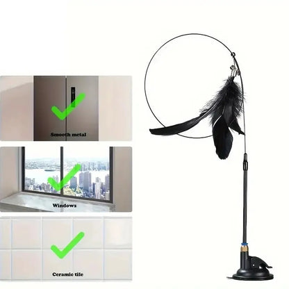 Cat Teaser Toy - Interactive Bell & Feather Wand - Long Suction Cup Pole for Exciting Playtime Adventures - Ultimate Cat Toy…