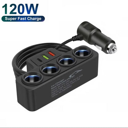 3 in 1 USB Type C Socket 120W Car Cigarette Lighter Splitter 12V 24V Fast Charger Phone Power Adapter for Car DVR GPS Dashca…