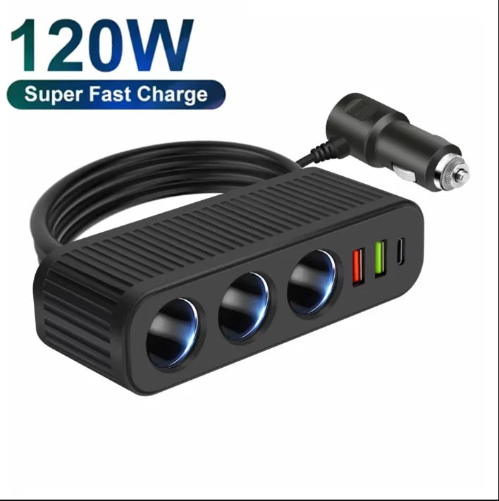 3 in 1 USB Type C Socket 120W Car Cigarette Lighter Splitter 12V 24V Fast Charger Phone Power Adapter for Car DVR GPS Dashca…