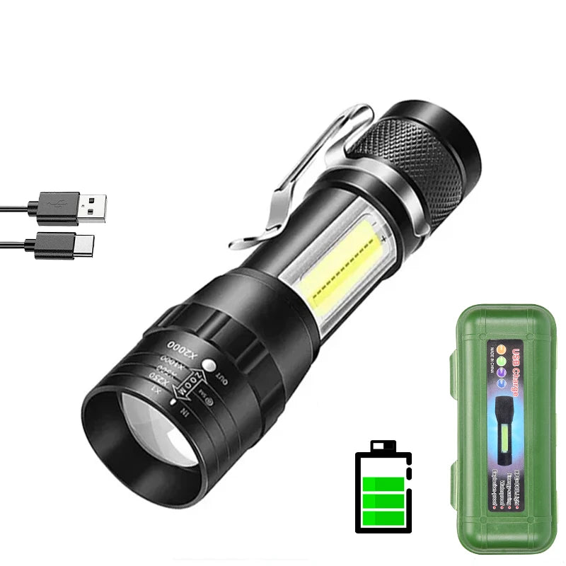 Portable Rechargeable LED Flashlight with Pen Clip Zoomable Waterproof Torch with Side Light Outdoor Camping Emergency Lante…