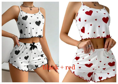 Women's Pajamas Set Sleepwear 2 PCS Short Tank Tops And Shorts S M L White Ventilate Soft Casual Love Printing - image 15