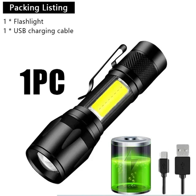 Portable Rechargeable LED Flashlight with Pen Clip Zoomable Waterproof Torch with Side Light Outdoor Camping Emergency Lante…