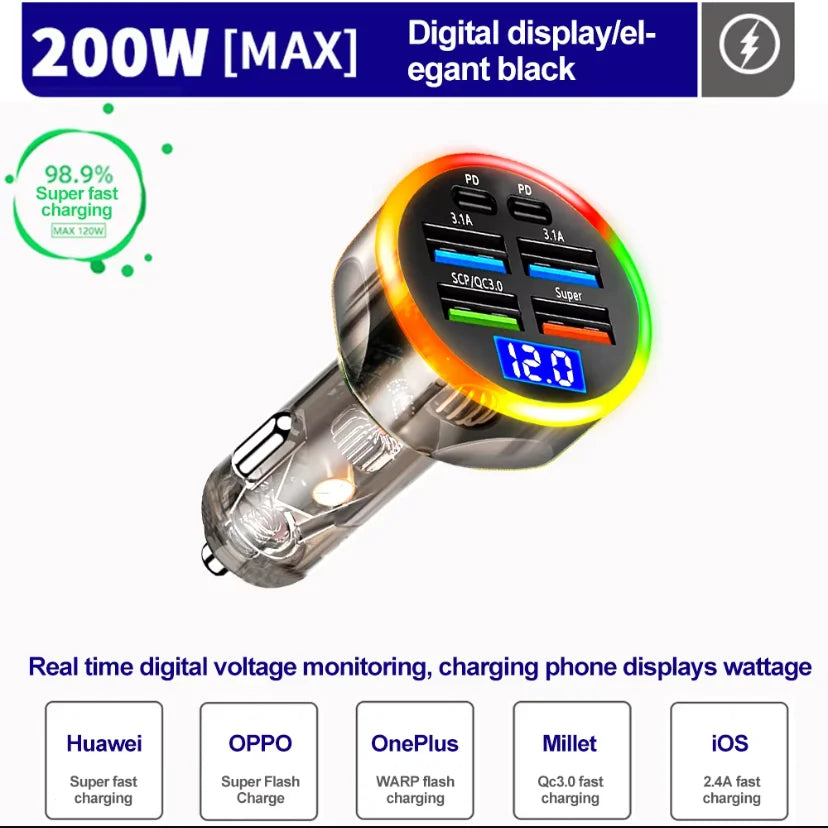 250W PD Car Charger QC3.0 Fast Charge two to Six Port Car Cigarette Lighter Plug Car Charger Flash Charge with Digital Displ…
