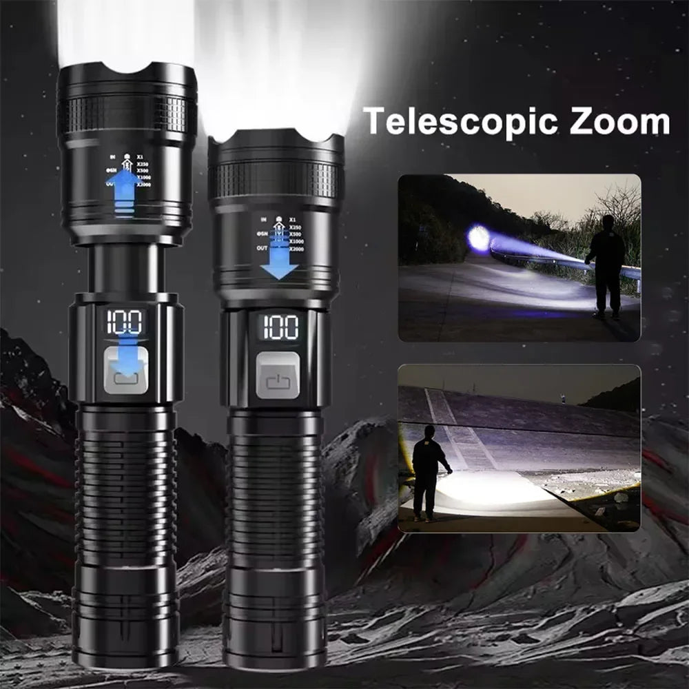 High Strong Power Led Flashlights 300000LM Tactical Torch with Display Light USB Charging Camping Fishing Defensa Zoom Lante…