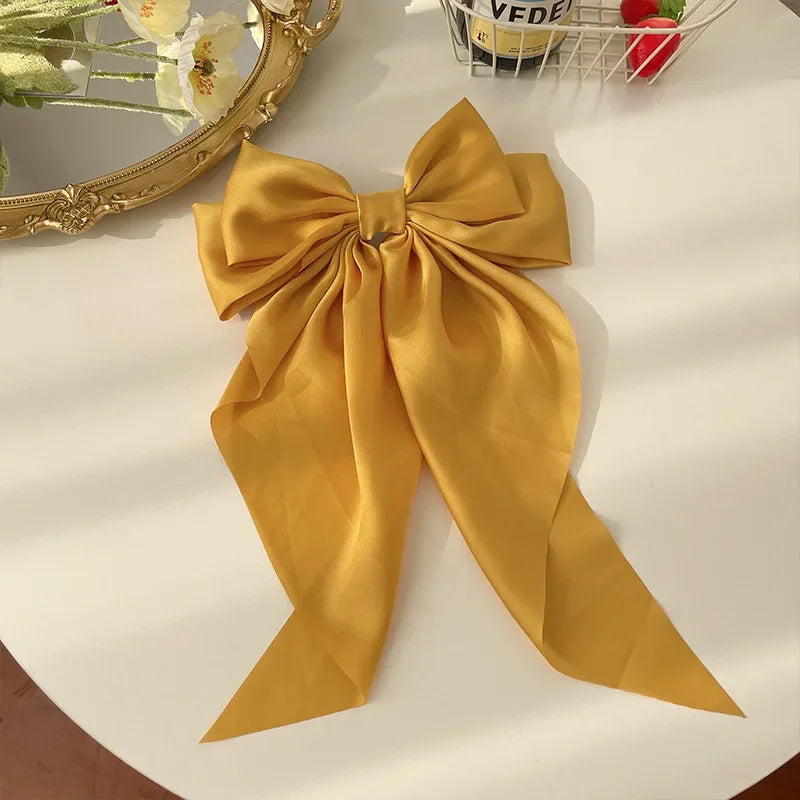 Korean Accessories Hair Clips for Women Girls Big Bowknot Solid Satin Long Ribbon Bows Spring Clamp Barette Cheveux Femme 20…