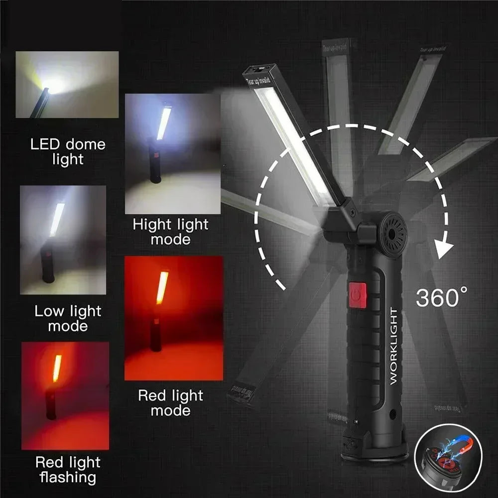 Portable COB LED Work Light USB Rechargeable LED Flashlight Inspection Lamp With Magnetic Hook Power Bank 18650 Battery Torc…