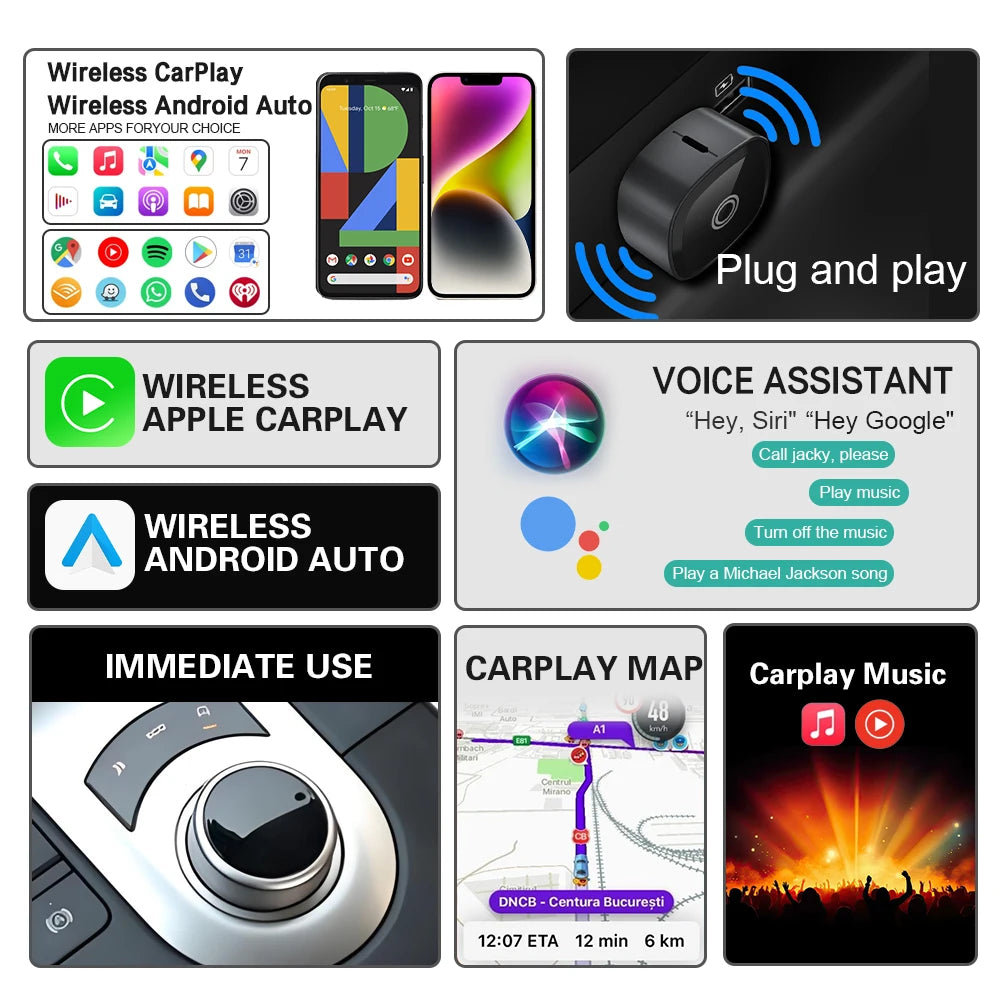 XUDA 2in1 Wireless CarPlay Adapter Android Auto AI Smart Box Car Intelligent Systems For VW Toyota Nissan Honda Ford Benz -…