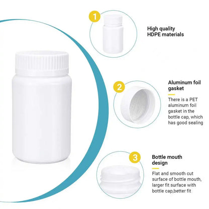 10pcs 20-200ml Plastic HDPE White Empty Seal Bottles, Refillable Pill Vials for Medicine, Capsule, Solid Powder, Reagent Sto…