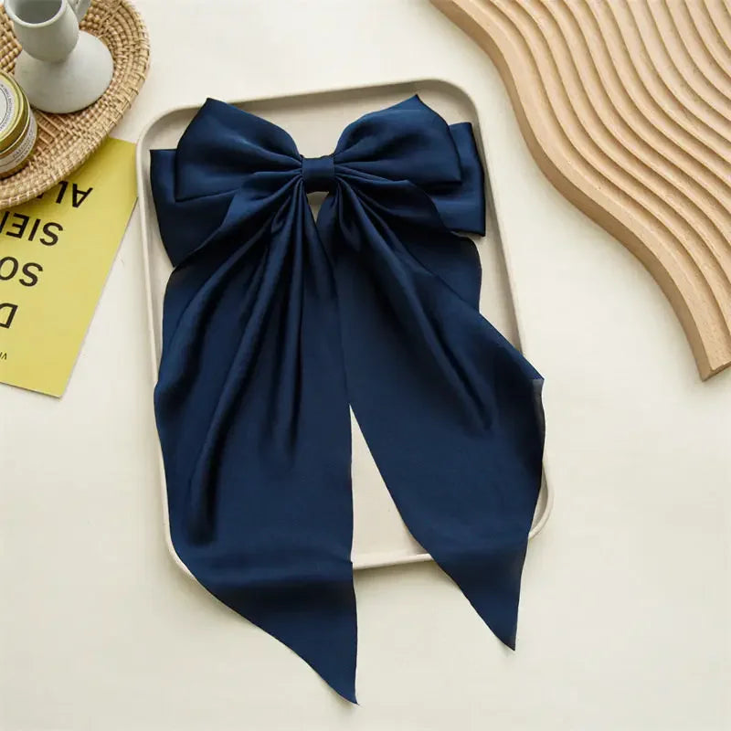 Korean Accessories Hair Clips for Women Girls Big Bowknot Solid Satin Long Ribbon Bows Spring Clamp Barette Cheveux Femme 20…