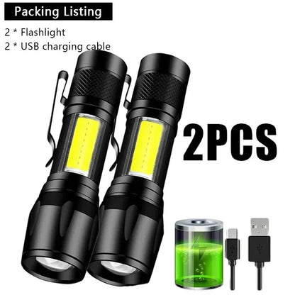 Portable Rechargeable LED Flashlight with Pen Clip Zoomable Waterproof Torch with Side Light Outdoor Camping Emergency Lante…