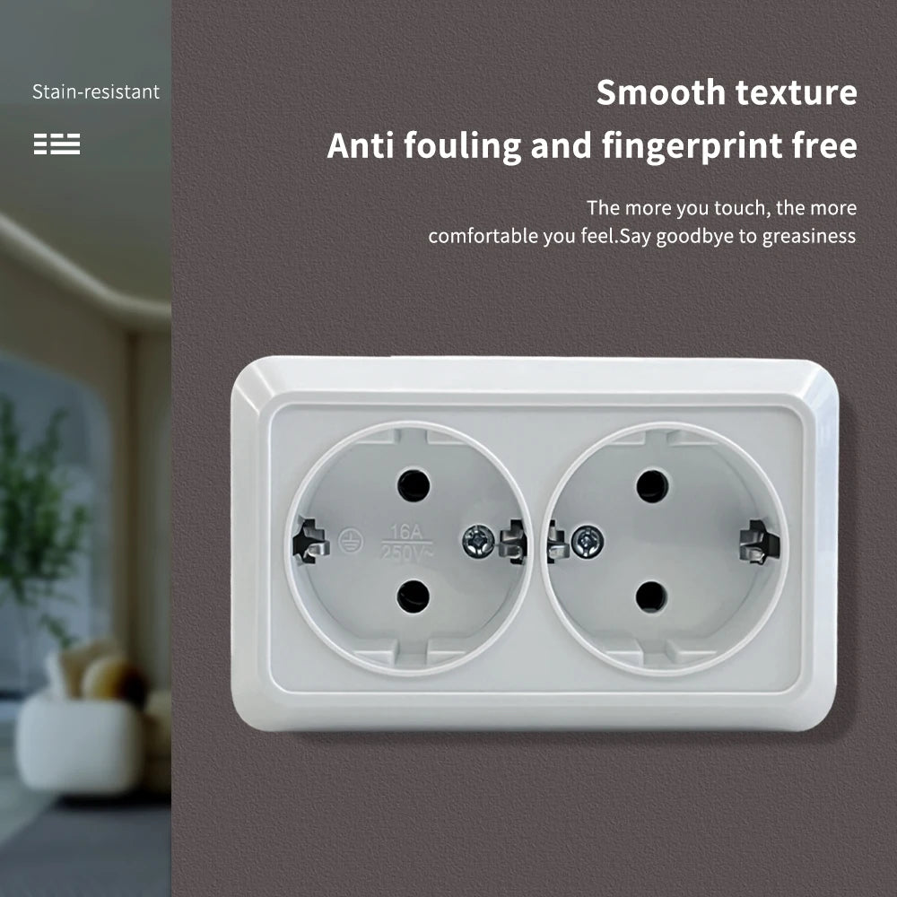 WESA White Wall Surface 2 Sockets Plugs EU Exterior Electrical Outlets With Ground Power Socket Flame Retardant Paint Plasti…