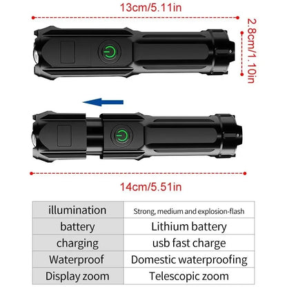 Powerful LED Flashlight Rechargeable USB Built-in Lithium Battery Waterproof Zoom Fishing Hunting Camping Tactical Flashligh…
