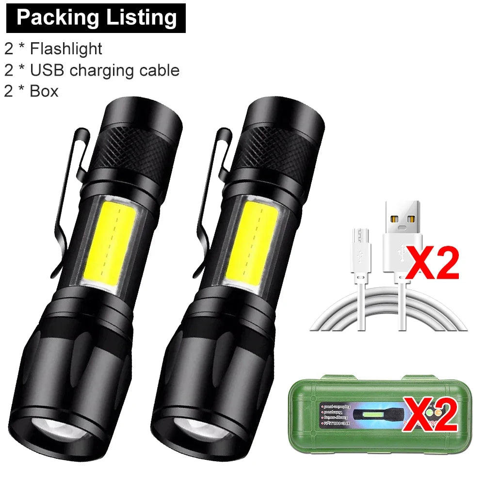 Mini LED Flashlight COB+XPE Portable Torch USB Charging Camping Lantern Zoomable Focus Light Tactical Flashlight with Pen Cl…