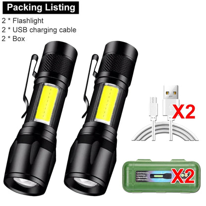 Mini LED Flashlight COB+XPE Portable Torch USB Charging Camping Lantern Zoomable Focus Light Tactical Flashlight with Pen Cl…