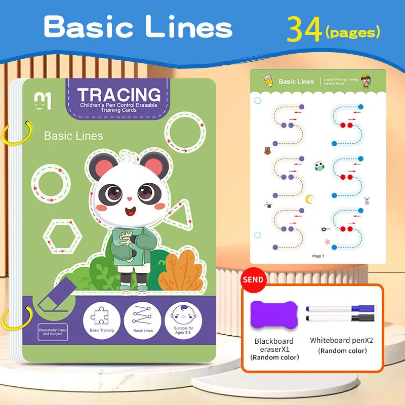 34-Page Reusable Children's Practice Book Set with Erasable Pen - Early Learning of Writing and Drawing Skills, Educational…