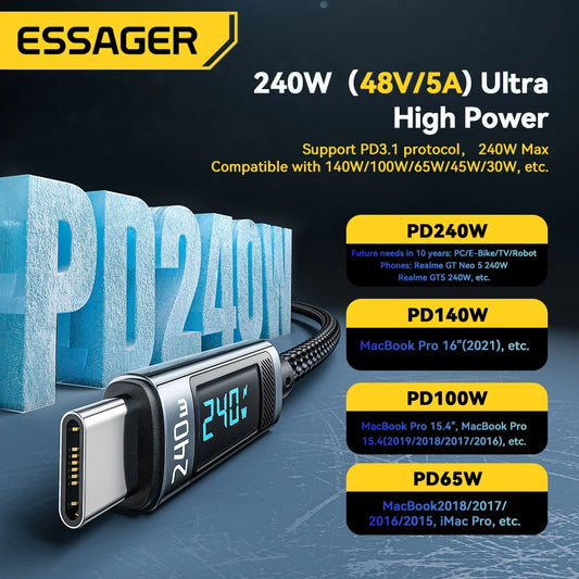 Essager 240W USB Type C To USB C Cable 100W PD 3.1 Fast Charging Charger Wire For iPhone 15 Pro max Macbook Pro Xiaomi Samsu…