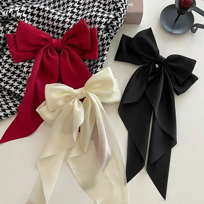 Korean Accessories Hair Clips for Women Girls Big Bowknot Solid Satin Long Ribbon Bows Spring Clamp Barette Cheveux Femme 20…