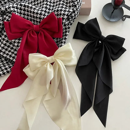 Korean Accessories Hair Clips for Women Girls Big Bowknot Solid Satin Long Ribbon Bows Spring Clamp Barette Cheveux Femme 20…