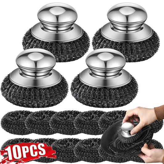 1-10PCS Stainless Steel Pot Brush with Handle Heavy Duty Dishwashing Wire Ball Metal Scrubber for Home Kitchen Cleaning Tool