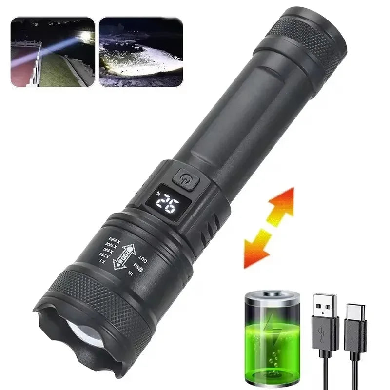 High Strong Power Led Flashlights 300000LM Tactical Torch with Display Light USB Charging Camping Fishing Defensa Zoom Lante…