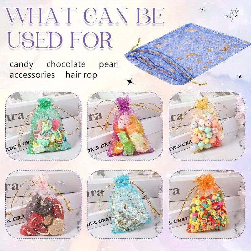 50PCS Moon Stars Drawstring Organza Bags Jewelry Gift Bags Pouches Gold Star Organza Favor Pouches for Christmas Wedding - i…