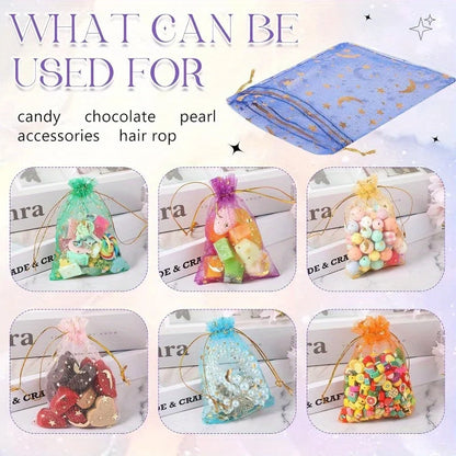 50PCS Moon Stars Drawstring Organza Bags Jewelry Gift Bags Pouches Gold Star Organza Favor Pouches for Christmas Wedding - i…