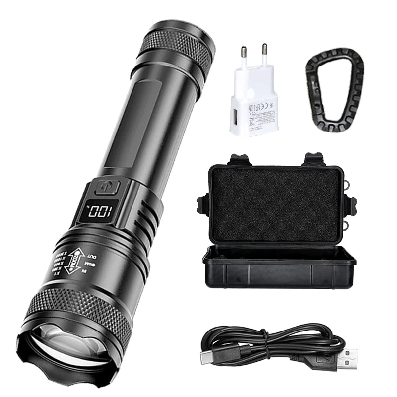 Rechargeable LED Flashlight Zoomable Torch with LCD Display 3 Modes Waterproof High Power Hand Light Outdoor Wilderness Camp…