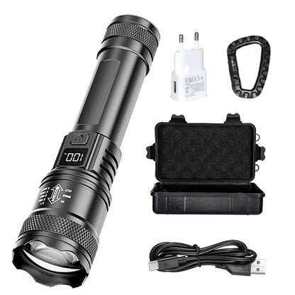 Rechargeable LED Flashlight Zoomable Torch with LCD Display 3 Modes Waterproof High Power Hand Light Outdoor Wilderness Camp…