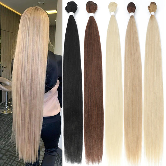 Bone Straight Hair Bundles Salon Natural Hair Extensions Fake Fibers Super Long Synthetic Yaki Straight Hair Weaving Full to…