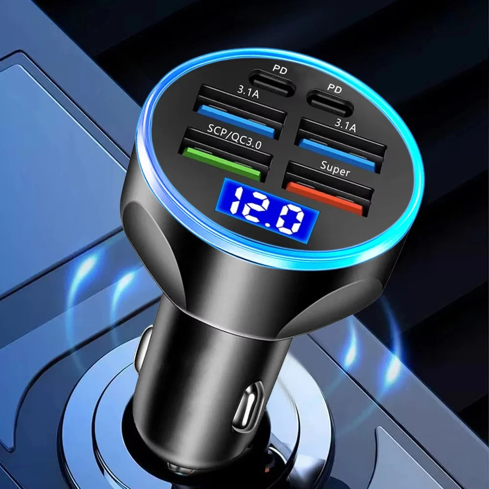 250W PD Car Charger QC3.0 Fast Charge two to Six Port Car Cigarette Lighter Plug Car Charger Flash Charge with Digital Displ…